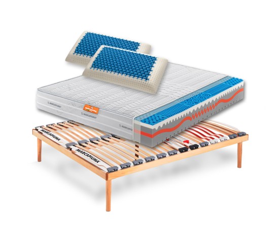 Sistema Letto Materasso Matrimoniale Sunshine + Rete a doghe + Cuscini - Marcapiuma